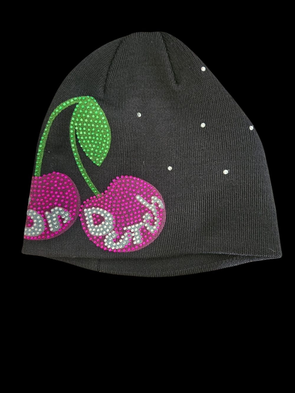 Von Dutch Black Beanie with Pink Rhinestone Cherries New In Bag - Picture 3 of 4